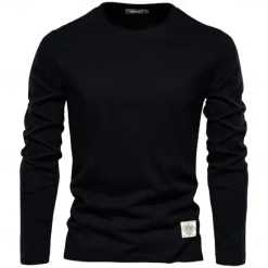 Clearance OUKU 100% Cotton Long Sleeve T shirt For Men's Solid Spring Casual Crewneck T-shirts High Quality Male Tops Classic Clothes Men's T-shirts