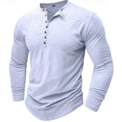 Outlet OUKU 100% Cotton Men's Henley Shirt Tee Top Long Sleeve Shirt Long Sleeve Solid Color Fashion Daily Buttons Henley Outdoor Casual Summer Dark Brown Dark Grey Black Henley T-Shirt