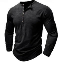 Outlet OUKU 100% Cotton Men's Henley Shirt Tee Top Long Sleeve Shirt Long Sleeve Solid Color Fashion Daily Buttons Henley Outdoor Casual Summer Dark Brown Dark Grey Black Henley T-Shirt