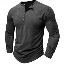 Outlet OUKU 100% Cotton Men's Henley Shirt Tee Top Long Sleeve Shirt Long Sleeve Solid Color Fashion Daily Buttons Henley Outdoor Casual Summer Dark Brown Dark Grey Black Henley T-Shirt