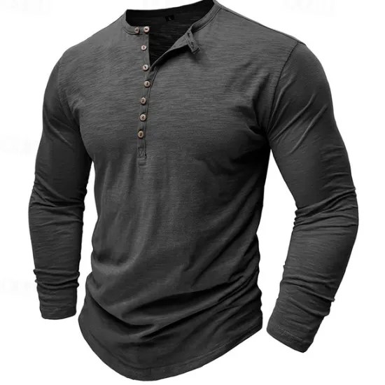 Outlet OUKU 100% Cotton Men's Henley Shirt Tee Top Long Sleeve Shirt Long Sleeve Solid Color Fashion Daily Buttons Henley Outdoor Casual Summer Dark Brown Dark Grey Black Henley T-Shirt