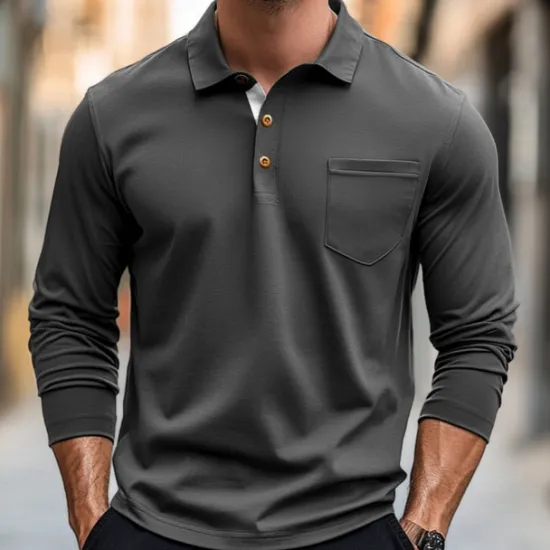 Discount OUKU 100% Cotton Men's Polo Shirt Golf Polo Formal Work Classic Long Sleeve Color Block Button Summer Spring & Fall Army Green Dark Grey Black Burgundy Navy Blue Polo Shirt