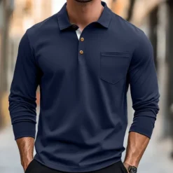 Discount OUKU 100% Cotton Men's Polo Shirt Golf Polo Formal Work Classic Long Sleeve Color Block Button Summer Spring & Fall Army Green Dark Grey Black Burgundy Navy Blue Polo Shirt