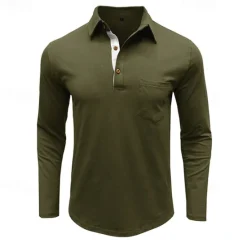 Discount OUKU 100% Cotton Men's Polo Shirt Golf Polo Formal Work Classic Long Sleeve Color Block Button Summer Spring & Fall Army Green Dark Grey Black Burgundy Navy Blue Polo Shirt