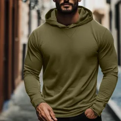 Sale OUKU 95% Cotton Men's T Shirt Tee Top Plain Hooded Vacation Street Long Sleeve Hooded Clothing Apparel Fashion Designer Basic Tee