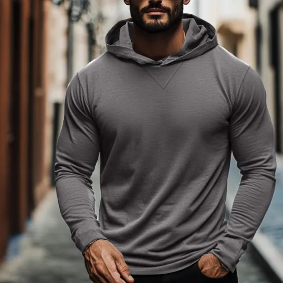 Sale OUKU 95% Cotton Men's T Shirt Tee Top Plain Hooded Vacation Street Long Sleeve Hooded Clothing Apparel Fashion Designer Basic Tee