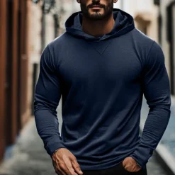 Sale OUKU 95% Cotton Men's T Shirt Tee Top Plain Hooded Vacation Street Long Sleeve Hooded Clothing Apparel Fashion Designer Basic Tee