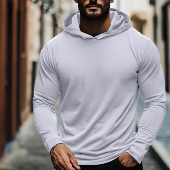 Sale OUKU 95% Cotton Men's T Shirt Tee Top Plain Hooded Vacation Street Long Sleeve Hooded Clothing Apparel Fashion Designer Basic Tee