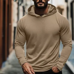 Sale OUKU 95% Cotton Men's T Shirt Tee Top Plain Hooded Vacation Street Long Sleeve Hooded Clothing Apparel Fashion Designer Basic Tee
