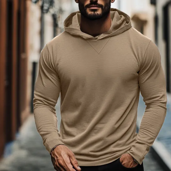 Sale OUKU 95% Cotton Men's T Shirt Tee Top Plain Hooded Vacation Street Long Sleeve Hooded Clothing Apparel Fashion Designer Basic Tee