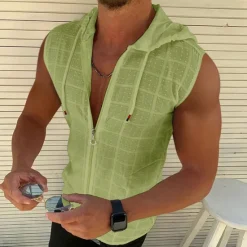 Outlet OUKU 100% Cotton Men's Tank Top Zip Up Hoodies Sleeveless Hoodie Floral Grid Plaid Hooded Vacation Casual Sleeveless Drawstring Clothing Apparel Fashion Casual Breathable Comfortable Tank Top