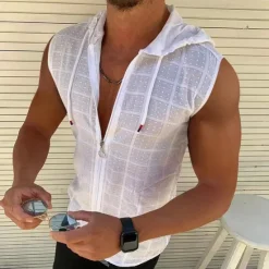 Outlet OUKU 100% Cotton Men's Tank Top Zip Up Hoodies Sleeveless Hoodie Floral Grid Plaid Hooded Vacation Casual Sleeveless Drawstring Clothing Apparel Fashion Casual Breathable Comfortable Tank Top