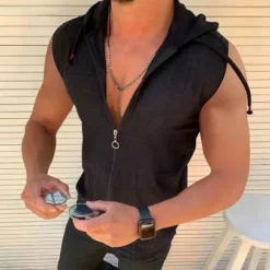Outlet OUKU 100% Cotton Men's Tank Top Zip Up Hoodies Sleeveless Hoodie Floral Grid Plaid Hooded Vacation Casual Sleeveless Drawstring Clothing Apparel Fashion Casual Breathable Comfortable Tank Top