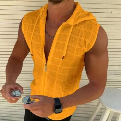 Outlet OUKU 100% Cotton Men's Tank Top Zip Up Hoodies Sleeveless Hoodie Floral Grid Plaid Hooded Vacation Casual Sleeveless Drawstring Clothing Apparel Fashion Casual Breathable Comfortable Tank Top