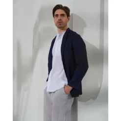 Sale OUKU 100% Linen Men's Linen Blazer Blazer Business Formal Evening Wedding Party Fashion Casual Spring & Fall Plain Pocket Casual / Daily Single Breasted Blazer Black Dark Blue