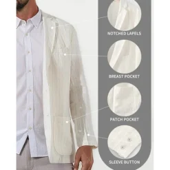 Best OUKU 100% Linen Men's Linen Blazer Blazer Business Formal Evening Wedding Party Fashion Casual Spring & Fall Stripes Pocket Casual / Daily Single Breasted Blazer White Coffee Navy Blue