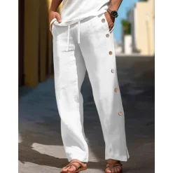 Online OUKU 40% Linen Men's Linen Pants Trousers Summer Pants Baggy Pants Drawstring Elastic Waist Side Button Plain Breathable Comfortable Office / Career Daily Vacation Classic Casual Black White