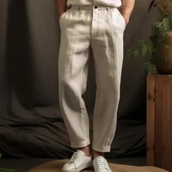 Hot OUKU 40% Linen Men's Linen Pants Trousers Summer Pants Button Up Pocket Plain Breathable Comfortable Office / Career Daily Vacation Classic Casual Black White