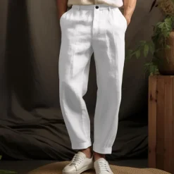 Hot OUKU 40% Linen Men's Linen Pants Trousers Summer Pants Button Up Pocket Plain Breathable Comfortable Office / Career Daily Vacation Classic Casual Black White