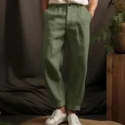Hot OUKU 40% Linen Men's Linen Pants Trousers Summer Pants Button Up Pocket Plain Breathable Comfortable Office / Career Daily Vacation Classic Casual Black White