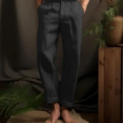 Best OUKU 40% Linen Men's Linen Pants Trousers Summer Pants Pocket Straight Leg Plain Breathable Comfortable Office / Career Daily Vacation Classic Casual Black White