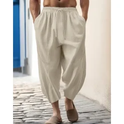 Outlet OUKU 100% Linen Men's Linen Pants Trousers Summer Pants Tapered Carrot Pants Pocket Drawstring Elastic Waist Plain Breathable Comfortable Daily Vacation Going out Classic Casual Black White