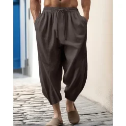 Outlet OUKU 100% Linen Men's Linen Pants Trousers Summer Pants Tapered Carrot Pants Pocket Drawstring Elastic Waist Plain Breathable Comfortable Daily Vacation Going out Classic Casual Black White