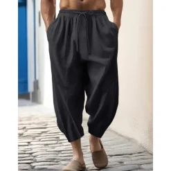 Outlet OUKU 100% Linen Men's Linen Pants Trousers Summer Pants Tapered Carrot Pants Pocket Drawstring Elastic Waist Plain Breathable Comfortable Daily Vacation Going out Classic Casual Black White