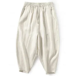 Outlet OUKU 100% Linen Men's Linen Pants Trousers Summer Pants Tapered Carrot Pants Pocket Drawstring Elastic Waist Plain Breathable Comfortable Daily Vacation Going out Classic Casual Black White