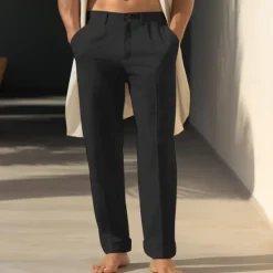 Online OUKU 40% Linen Men's Linen Pants Trousers Summer Pants Pocket Straight Leg Plain Breathable Comfortable Office / Career Daily Vacation Classic Casual Black White