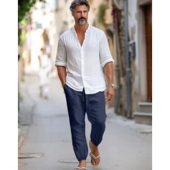 New OUKU 100% Linen Men's Linen Pants Trousers Summer Pants Drawstring Elastic Waist Elastic Cuff Plain Breathable Comfortable Daily Vacation Going out Classic Casual Black Navy Blue