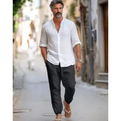 New OUKU 100% Linen Men's Linen Pants Trousers Summer Pants Drawstring Elastic Waist Elastic Cuff Plain Breathable Comfortable Daily Vacation Going out Classic Casual Black Navy Blue
