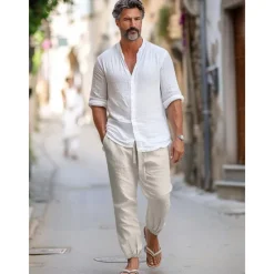 New OUKU 100% Linen Men's Linen Pants Trousers Summer Pants Drawstring Elastic Waist Elastic Cuff Plain Breathable Comfortable Daily Vacation Going out Classic Casual Black Navy Blue