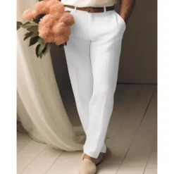 Best OUKU 40% Linen Men's Linen Pants Trousers Summer Pants Pocket Straight Leg Plain Breathable Comfortable Office / Career Daily Vacation Classic Casual Black White