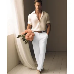 Best OUKU 40% Linen Men's Linen Pants Trousers Summer Pants Pocket Straight Leg Plain Breathable Comfortable Office / Career Daily Vacation Classic Casual Black White
