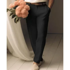 Best OUKU 40% Linen Men's Linen Pants Trousers Summer Pants Pocket Straight Leg Plain Breathable Comfortable Office / Career Daily Vacation Classic Casual Black White