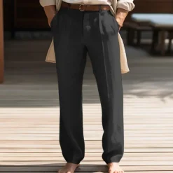 Hot OUKU 40% Linen Men's Linen Pants Trousers Summer Pants Pocket Straight Leg Plain Breathable Comfortable Office / Career Daily Vacation Classic Casual Black White