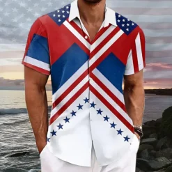 Outlet OUKU American Independence Day Men's American / USA American Flag National Flag Button Up Shirt Short Sleeve Resort Style Outdoor Casual Holiday Summer Turndown Buttons Pocket White Blue