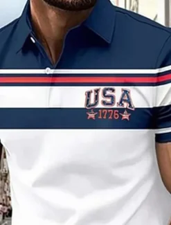 Hot OUKU American Independence Day Men's USA Polo Shirts Button Up Polos Golf Shirt Short Sleeve Polo Shirts Lapel Fashion Casual Daily Festival Print Summer Blue