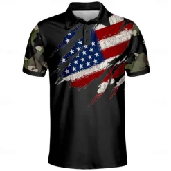 Discount OUKU American Independence Day Men's American US Flag Polo Short Sleeve Polo Shirts Collared Shirts Casual Outdoor Daily Wear Festival Outfit Buttons 3D Print Summer Spring Fall Black Brown Army Green