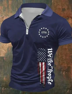 OUKU American Independence Day Men's American US Flag Polo Shirts Quarter Zip Polo Golf Shirt Short Sleeve Polo Shirts Lapel Fashion Casual Daily Festival Print Summer Navy Blue