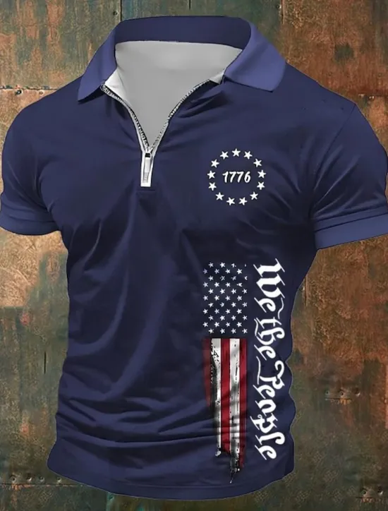 OUKU American Independence Day Men's American US Flag Polo Shirts Quarter Zip Polo Golf Shirt Short Sleeve Polo Shirts Lapel Fashion Casual Daily Festival Print Summer Navy Blue