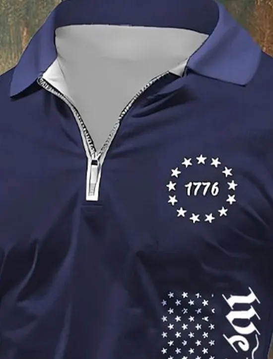 OUKU American Independence Day Men's American US Flag Polo Shirts Quarter Zip Polo Golf Shirt Short Sleeve Polo Shirts Lapel Fashion Casual Daily Festival Print Summer Navy Blue