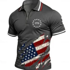 OUKU American Independence Day Men's American US Flag Zip Polo Shirts Short Sleeve Polo Shirts Collared Shirts Casual Athleisure Daily Wear 3D Print Summer Blue Green Gray