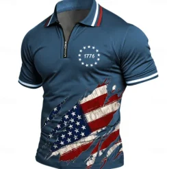 OUKU American Independence Day Men's American US Flag Zip Polo Shirts Short Sleeve Polo Shirts Collared Shirts Casual Athleisure Daily Wear 3D Print Summer Blue Green Gray