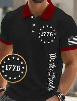Discount OUKU American Independence Day Men's 1776 National Flag Polo Shirts Button Up Polos Golf Shirt Short Sleeve Polo Shirts Lapel Fashion Casual Daily Festival Print Summer Black White