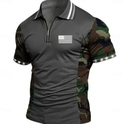 Hot OUKU American Independence Day Men's American US Flag Zip Polo Shirts Short Sleeve Polo Shirts Collared Shirts Casual Athleisure Daily Wear 3D Print Summer Blue Green Gray