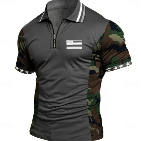 Hot OUKU American Independence Day Men's American US Flag Zip Polo Shirts Short Sleeve Polo Shirts Collared Shirts Casual Athleisure Daily Wear 3D Print Summer Blue Green Gray