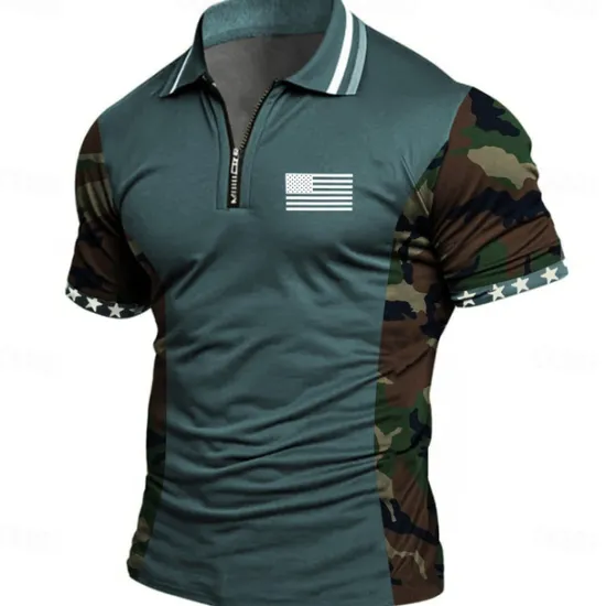 Hot OUKU American Independence Day Men's American US Flag Zip Polo Shirts Short Sleeve Polo Shirts Collared Shirts Casual Athleisure Daily Wear 3D Print Summer Blue Green Gray