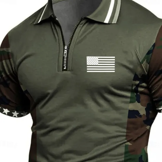 Hot OUKU American Independence Day Men's American US Flag Zip Polo Shirts Short Sleeve Polo Shirts Collared Shirts Casual Athleisure Daily Wear 3D Print Summer Blue Green Gray